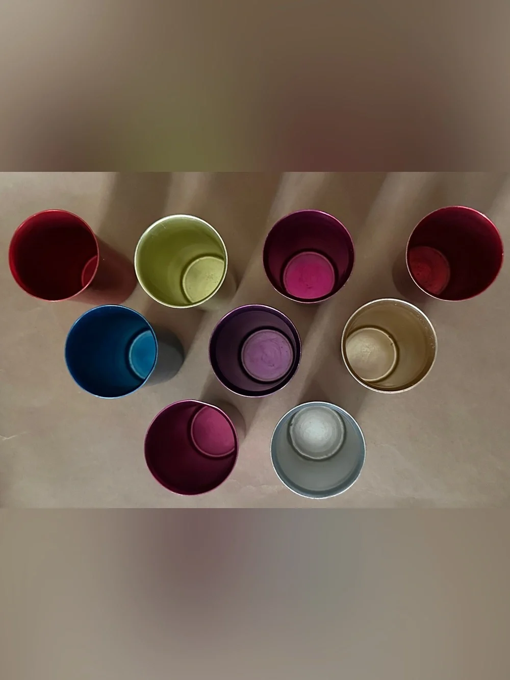 1950s MCM Sunburst Colorful Anodized Aluminum Drinking Glasses Lot of 9